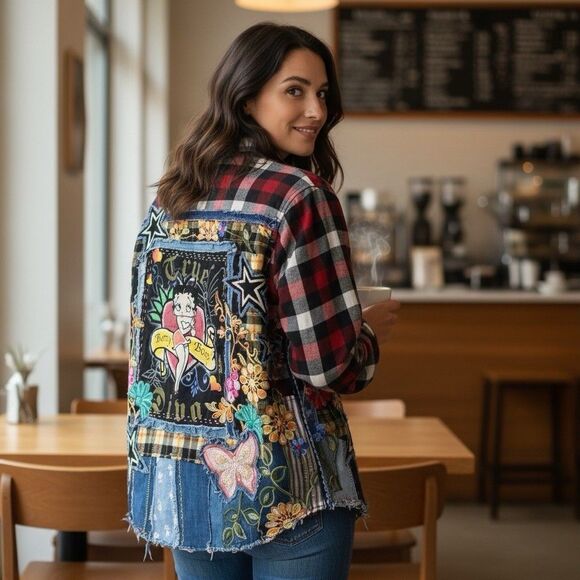 Upcycled Flannel Shirt Shacket Womens XL Betty Boop Grunge Patchwork Folk Art - Picture 10 of 16